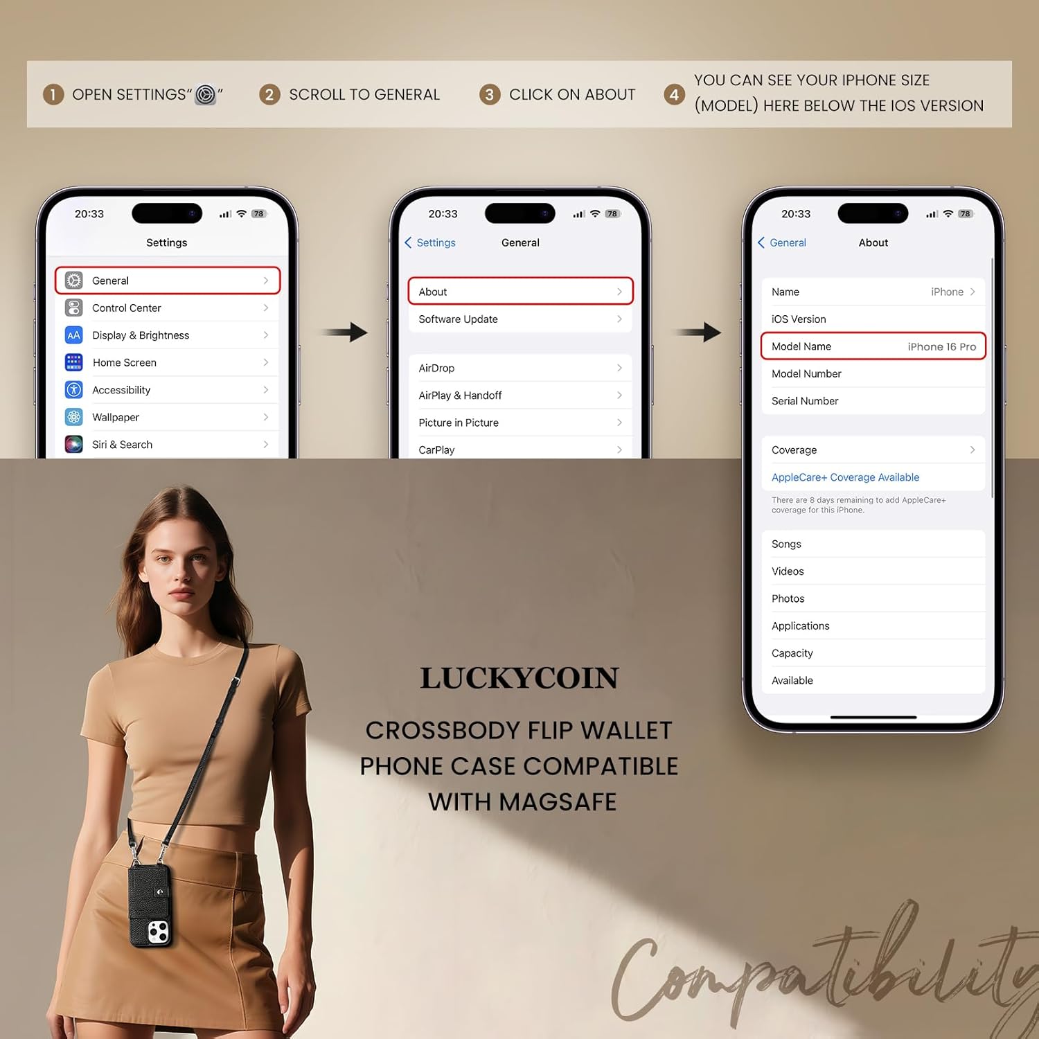LUCKYCOIN for iPhone 16 Pro Crossbody Wallet Phone Case,Compatible with MagSafe,Genuine Leather Magnetic Phone Case with Card Holder and Adjustable Strap,with RFID Blocking Black - Image 7