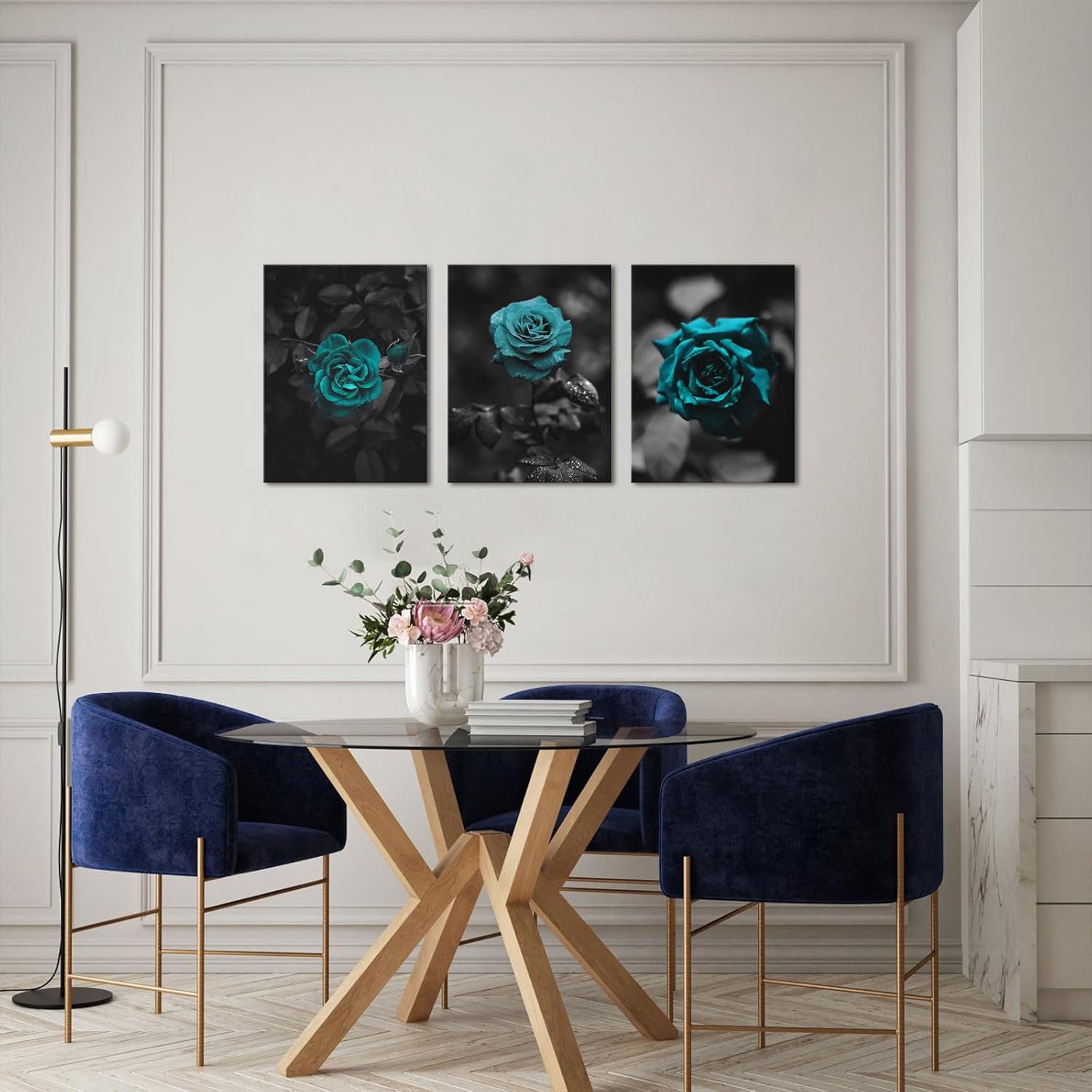 LyerArtork 3 Pieces Teal Rose Canvas Wall Art Romantic Aqua Flower Canvas Prints Pictures Black Painting Artwork Wall Decor for Living Room Bedroom Bathroom Office 12x16inchx3pcs