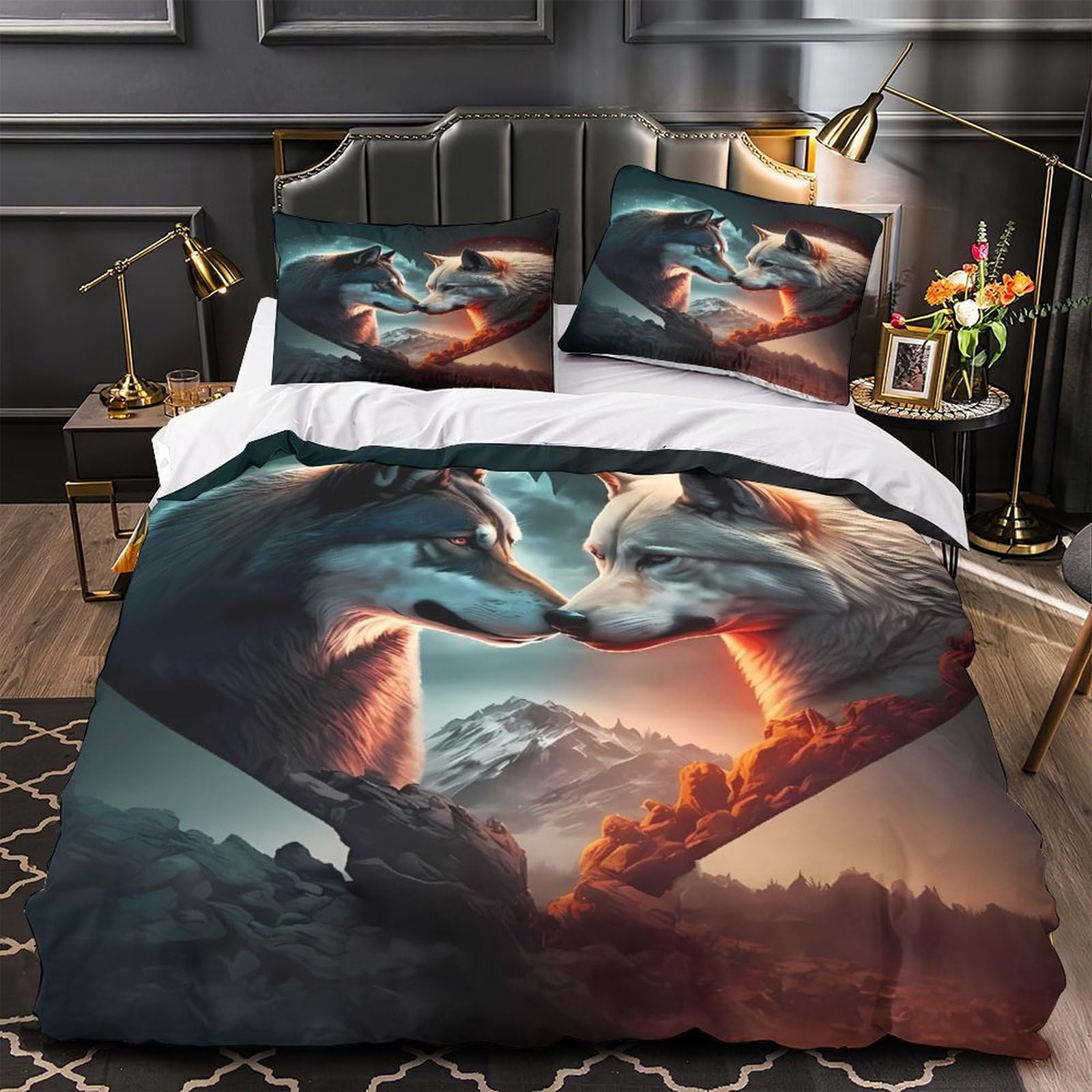 3D Druck Wolf Pärchen Bettbezug Mikrofaser Schlafzimmer Deko Wolf Kunst Bettwäsche Set Hautfreundlich Atmungsaktiv Erwachsene Jugendliche Super King（260x220cm）