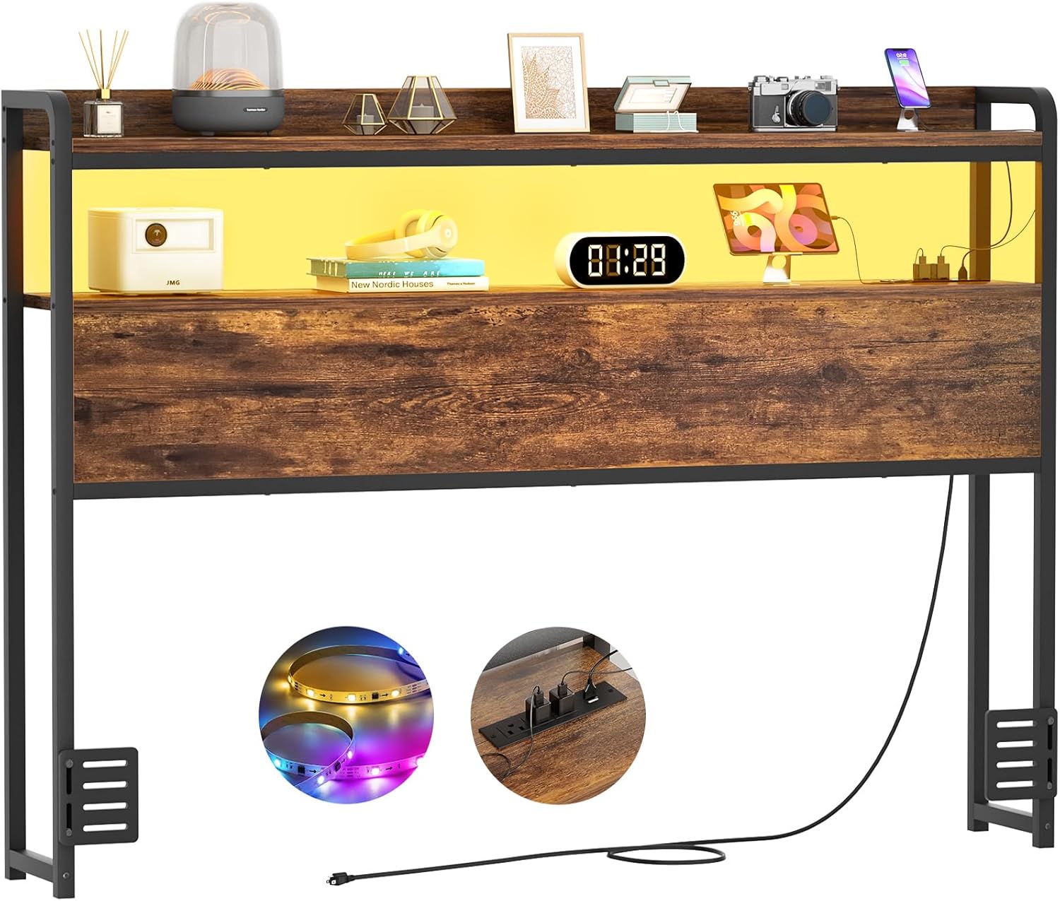 Aheaplus Headboard for Full Size Bed Frame, Headboards with Outlets, USB Ports and LED Light, Head Board with Storage, Height Adjustable, Sturdy and Stable Headboard, Full Size, Rustic Brown Rustic Brown Full