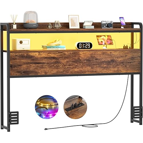 Aheaplus Headboard for Full Size Bed Frame, Headboards with Outlets, USB Ports and LED Light, Head Board with Storage, Height Adjustable, Sturdy and Stable Headboard, Full Size, Rustic Brown