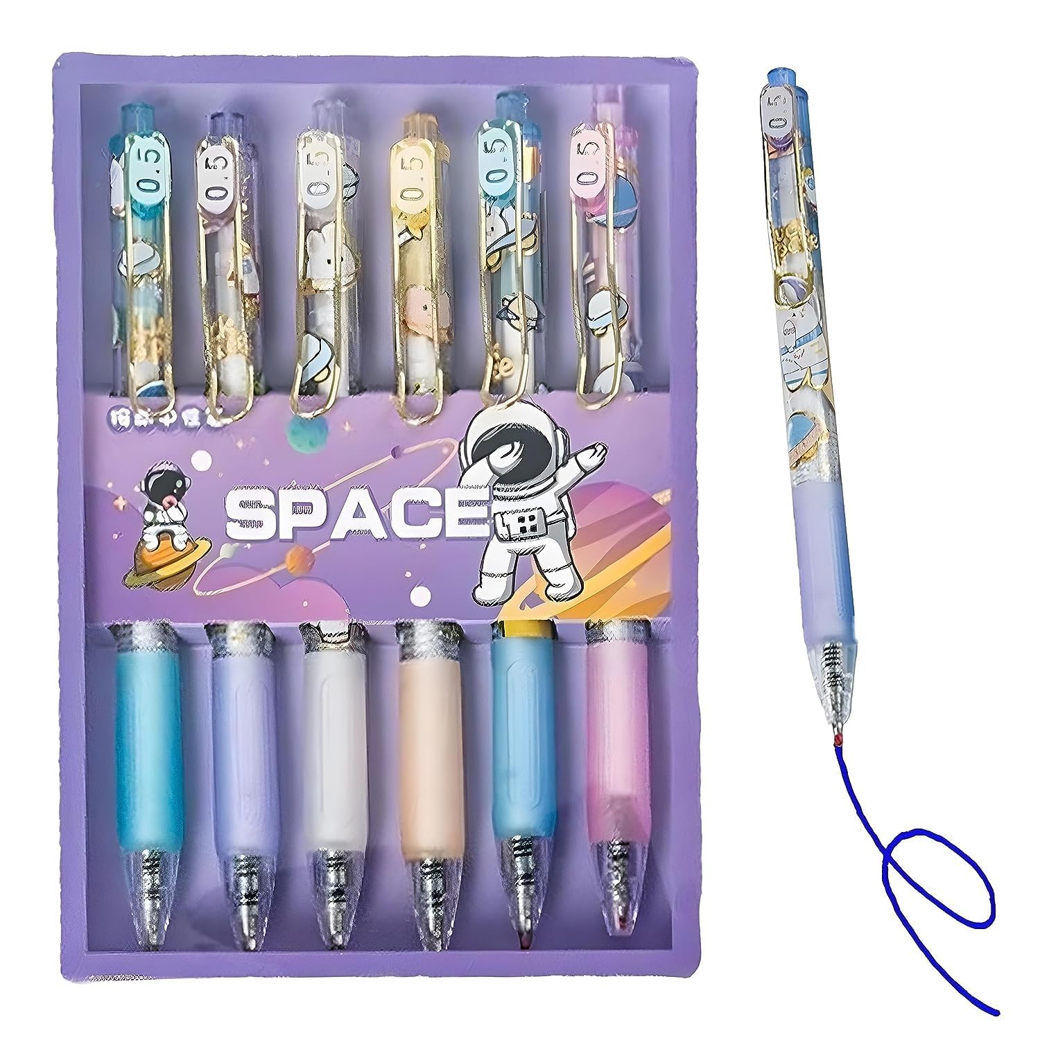 LAEMENOZ Plastic Retractable Gel Pen Set For Boys & Girls, Colorful Body Space Design Smooth Pens for Writing Class Notes & Journal, School Stationery Gift Item for Kids, Blue Ink (Set of 6)