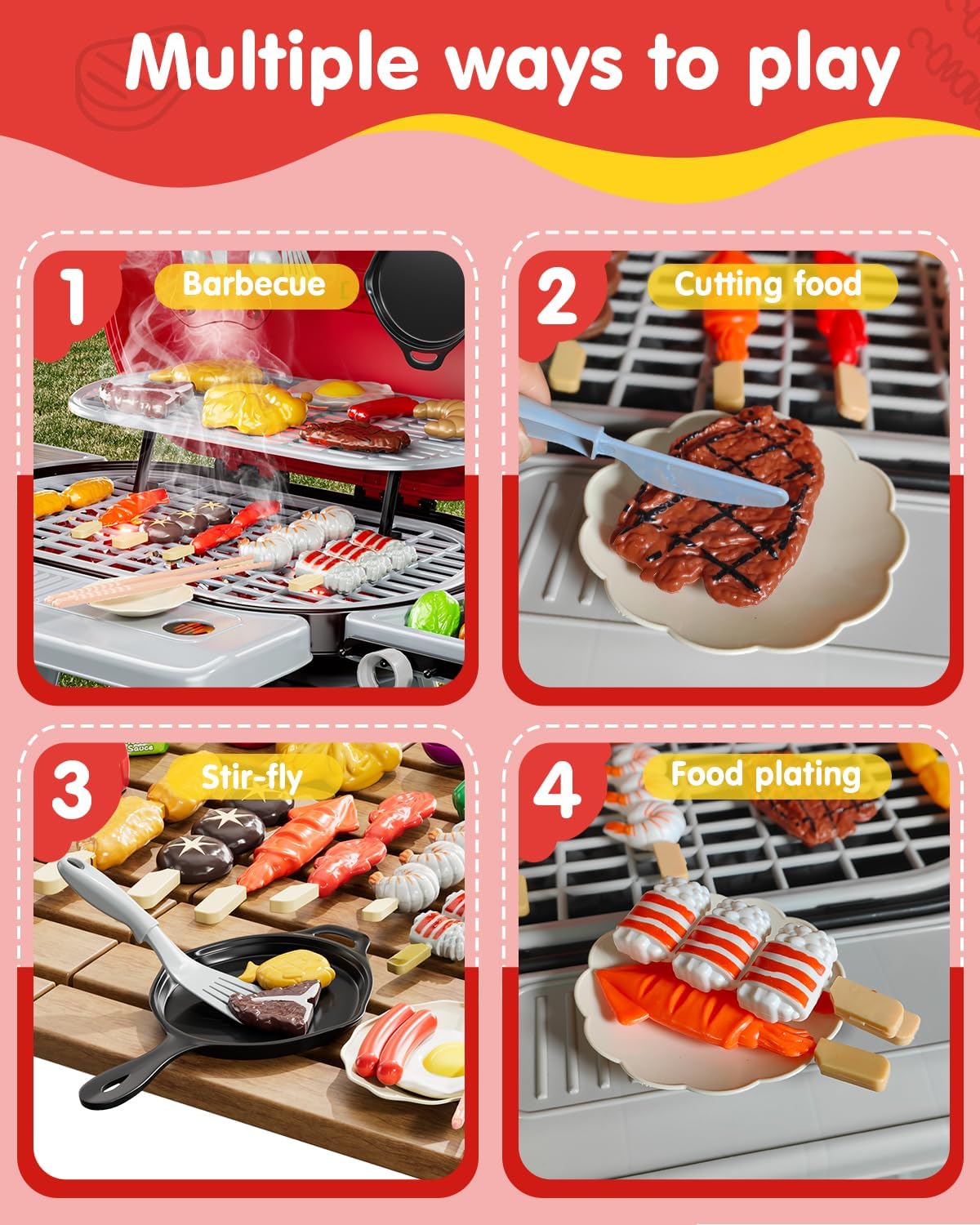 幼児向けキッチントイ40個、キッズグリルプレイセット、煙の音とライト付き、キッズクッキングセット、プレイグリルセットバーベキューおも