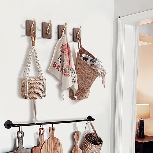 Miniatura 4 de Ganchos de pared adhesivos de lujo de nogal real, ganchos de toalla resistentes para colgar abrigos, batas, sombreros, llaves, bolsas y proporcionan