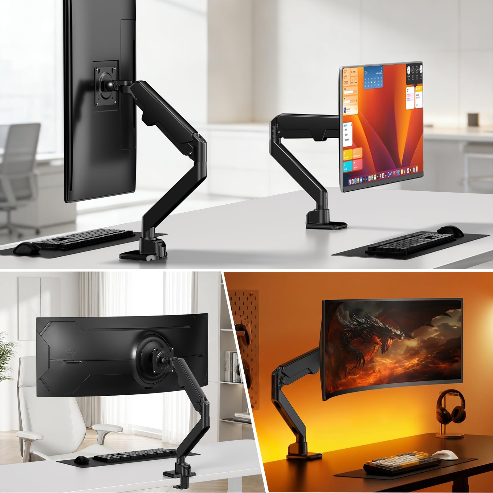 Monitor Halterung 17-49 Zoll für Flat/Curved Monitor, Premium Aluminium Bildschirmhalterung, Neigbar & Schwenkbar, VESA 75/100 mm, Max 20 KG, Ergonomischer Monitor Arm, Schwarz