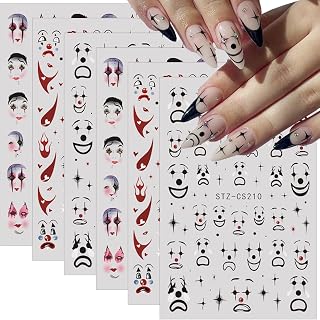 6 Sheets Funny Face Gothic Nail Art Stickers Interesting and Lovely Nail Designs Accessories Skull Face Stars Nail Decals 3D Self-Adhesive Abstract Nail Art Decoration for Women DIY Manicure Supplies