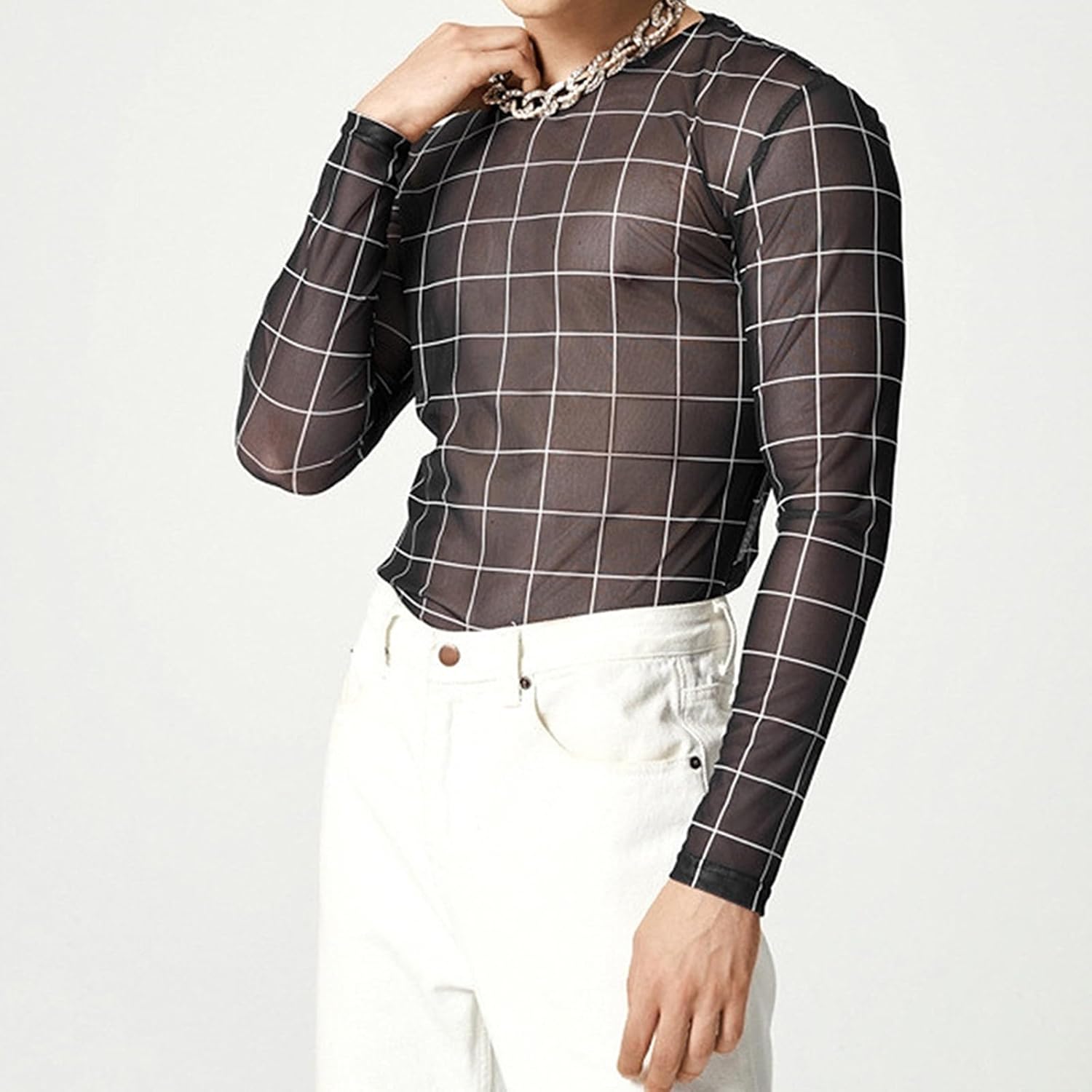 Evankin Mens Sexy Lace Shirt Top See Through Grid Print Long Sleeve T-Shirt Sheer Mesh Undershirts for Male - Image 2