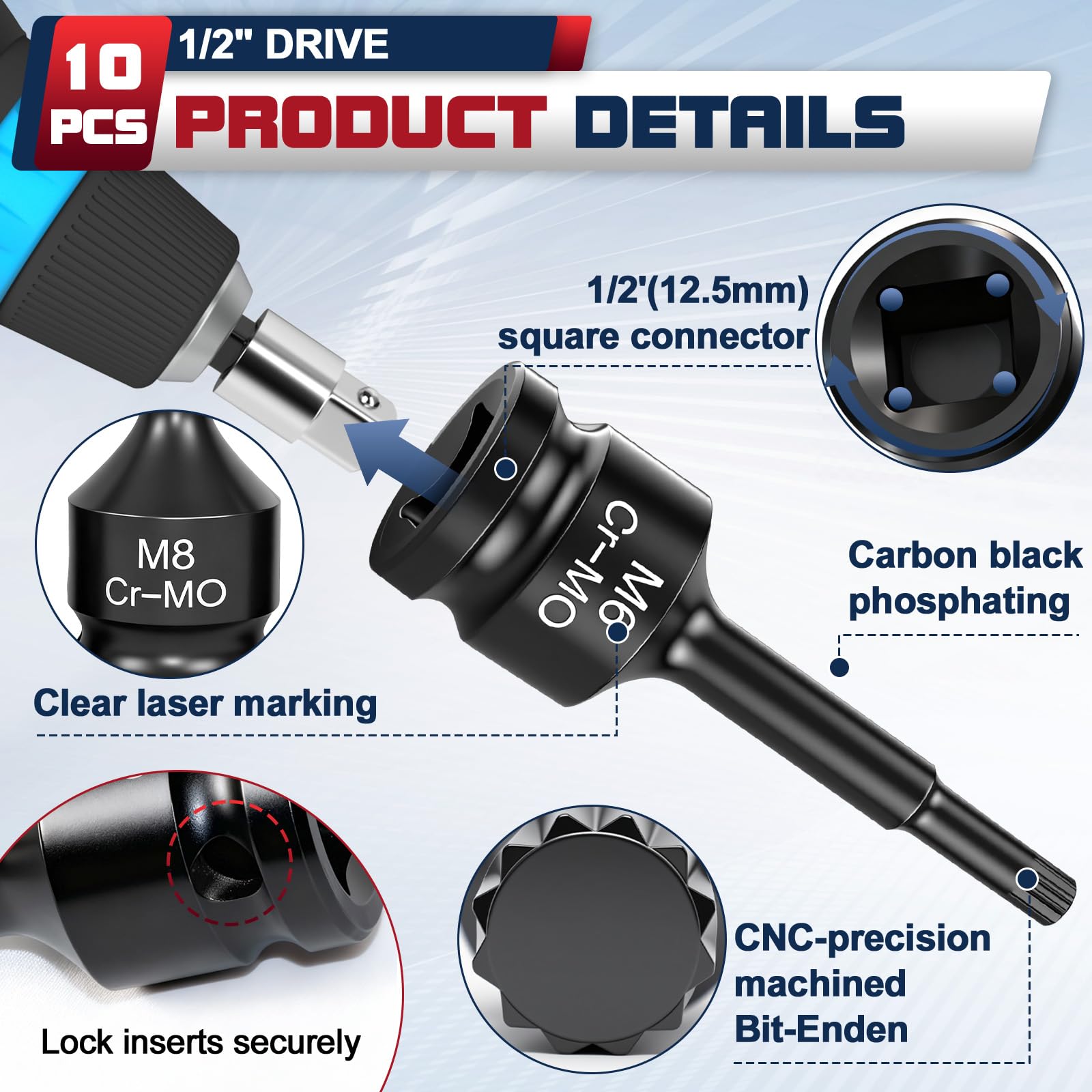 10-częściowy zestaw kluczy nasadowych XZN 1/2", wielozębowy zestaw nasadek 1/2" M5, M6, M8, M10, M12, M14, M16, M17, M18, M19 do klucza dynamometrycznego, klucza grzechotkowego