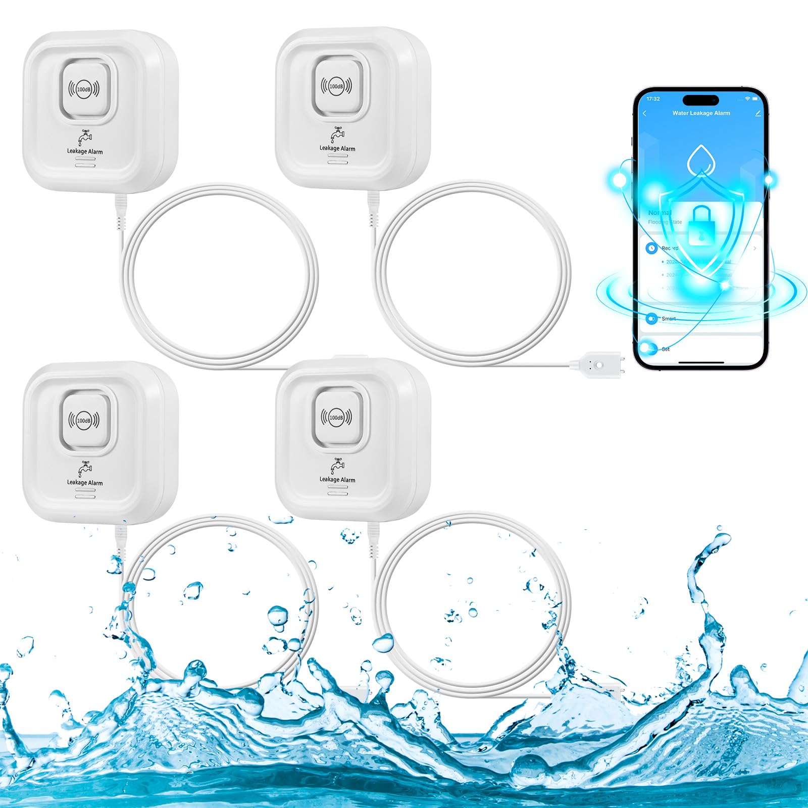 Wassermelder, WLAN 100 dB Lauter Wassersensor, Wassermelder mit Smart Life App Fernbedienung, Wasseralarm für Küche, Keller und Bad 4 Pack