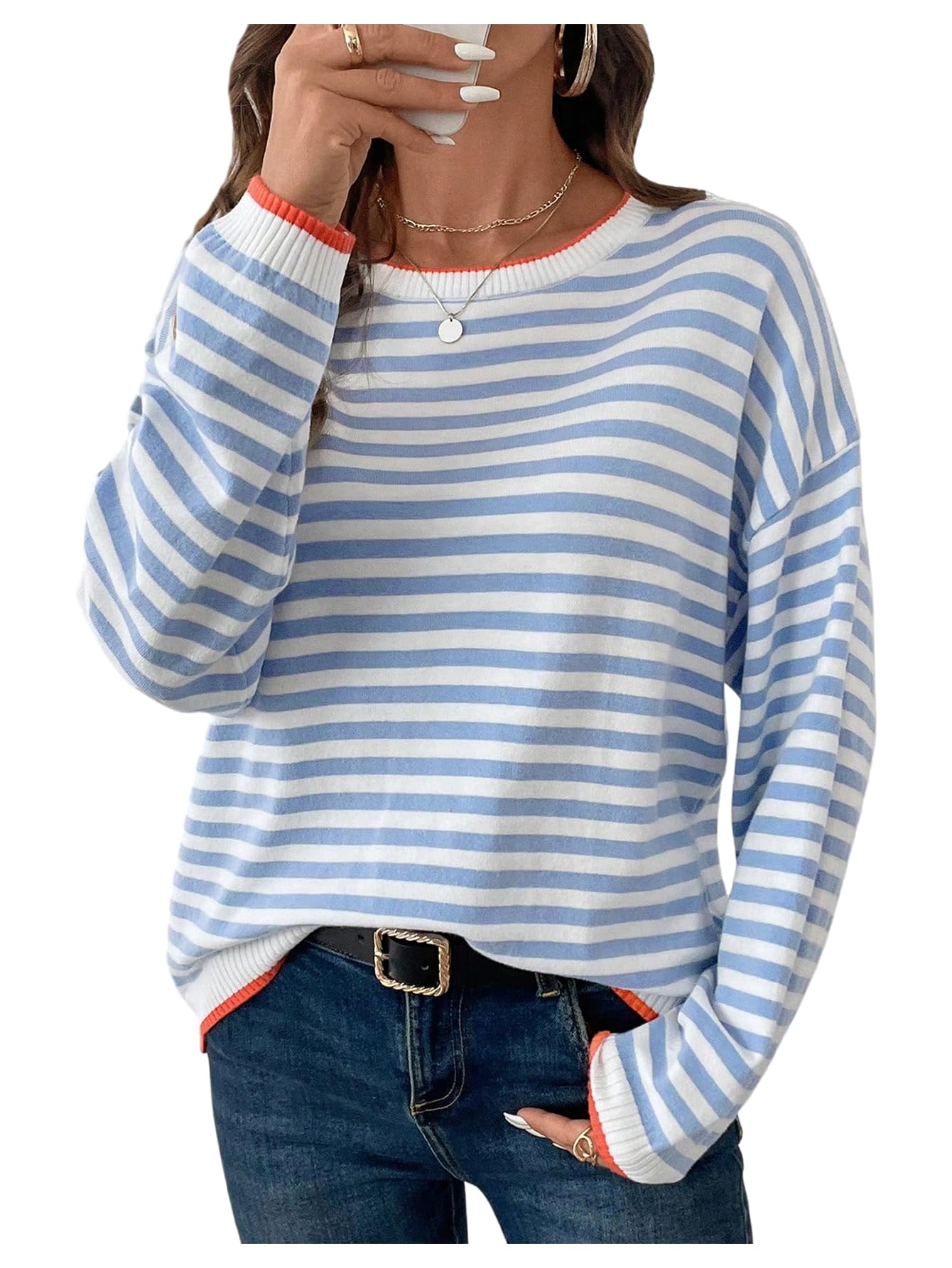 Womens Striped Sweaters Crew Neck Long Sleeve Knit Pullovers Fall Tops