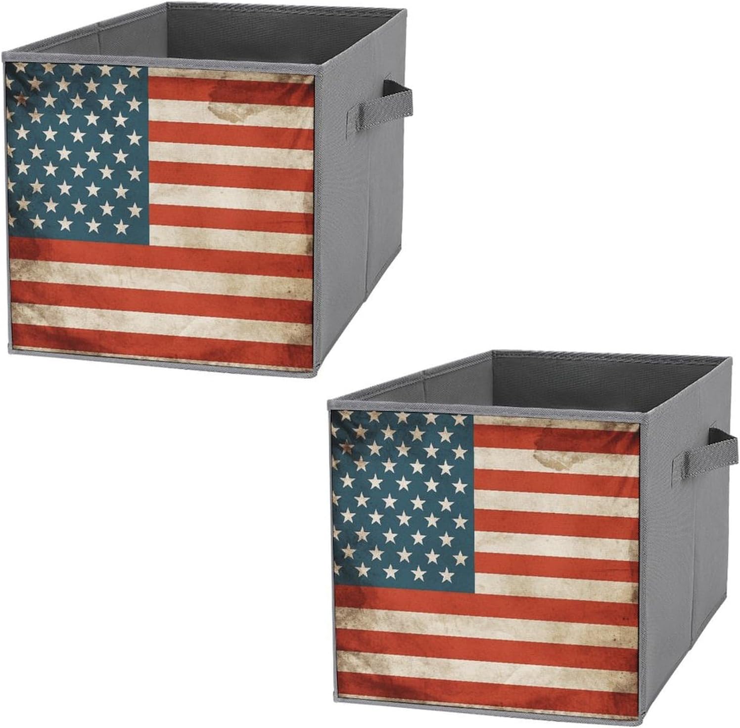USA Flag Foldable Storage Box with Handles, Durable Oxford Storage Cubes, 2PCS Collapsible Closet Organizer for Home, Shelf, Office, Travel
