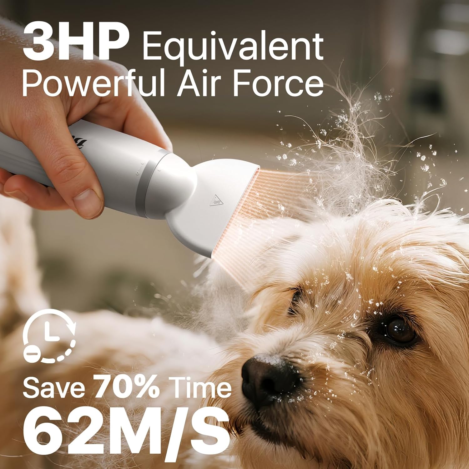 Dog Dryer Handheld Pet Hair Dryer, 3HP High-Velocity Blower with 3 Speeds & 4 Temps Lightweight, Quiet Design. Portable Blow for Travel & Home Grooming. Includes 3 Nozzles (White) - Image 3