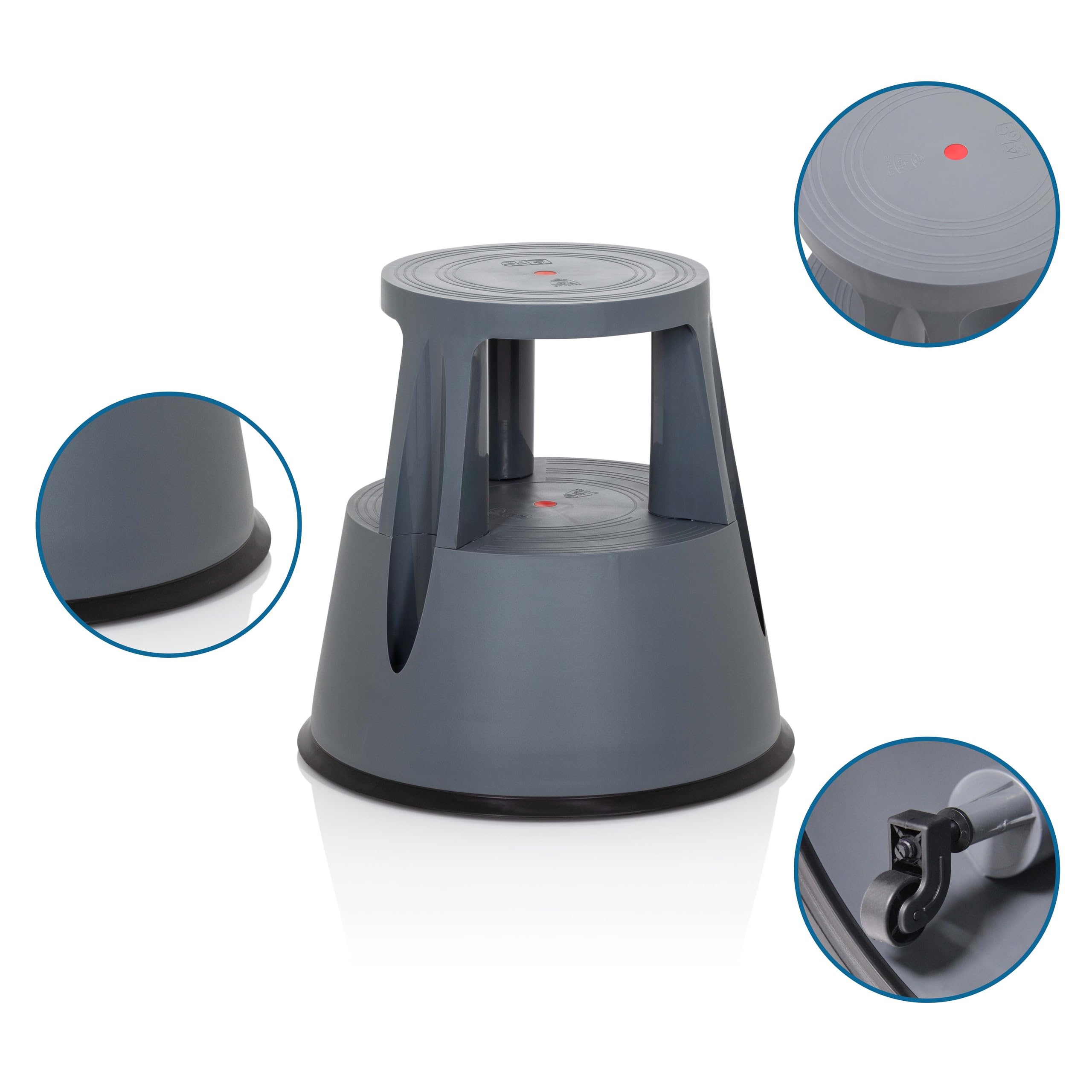 hjh OFFICE Tabouret marchepied TIO-M I Plastique Pied d'éléphant, Hauteur 42 cm, Charge Max. 150kg, avec roulettes 830001 Gris