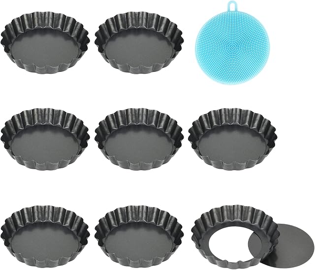 8 Pack Tart Tins with Loose Base , Non Stick Flan Tin Mini 4 inch / 10 cm X8 Fluted Round Pie Tin for Baking Quiche Pie Tartlet , Carbon Steel , Highkit (10cm×8)