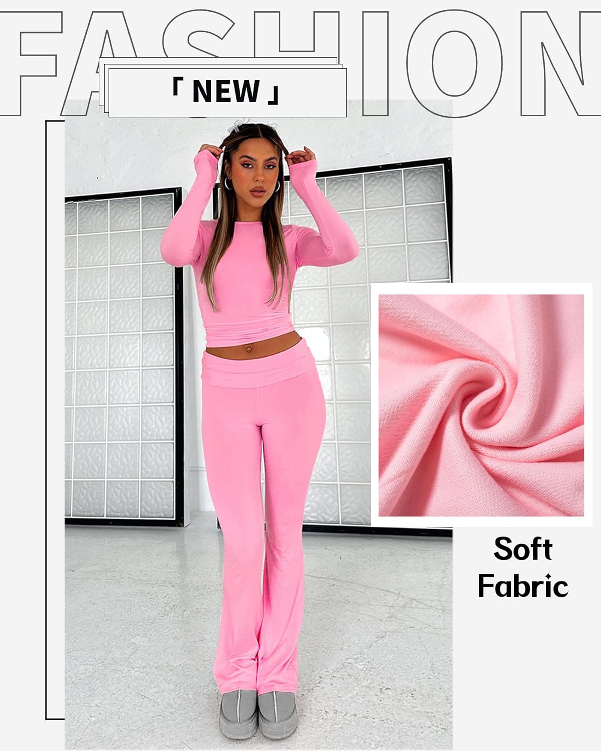 Women's Cotton Lounge Flared Legging Set Two Piece Outfits Basic Long Sleeve Crop Tops Low Rise Fold Over Yoga Pants - Image 5