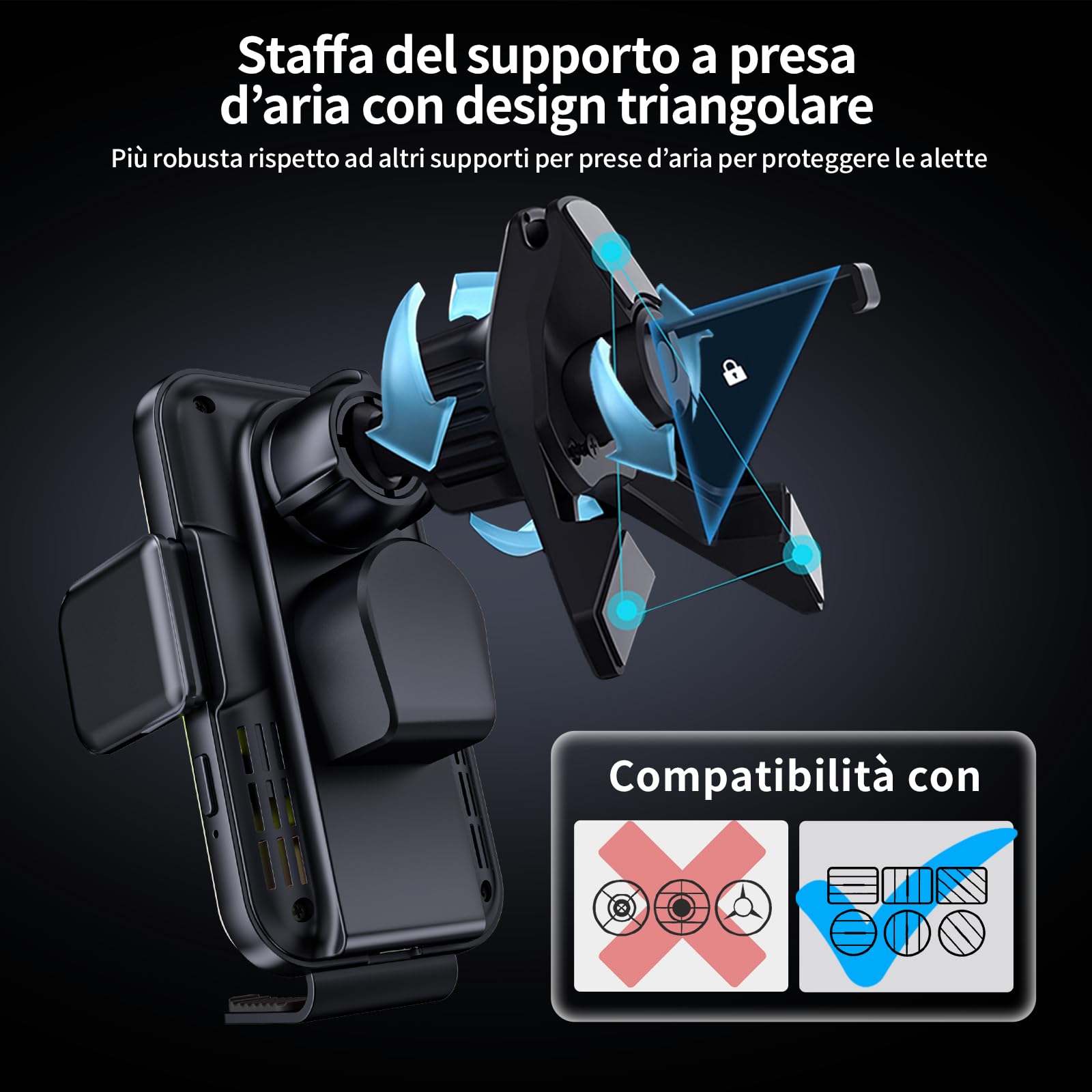MANKIW Caricatore Wireless Auto, 15W Ricarica Wireless Auto con Bloccaggio Automatico, Rotazione 360° & Luci RGB, Compatibile con iPhone 16/15/14/13/12 Mini Pro Max, Galaxy S25/S24/S23 Ultra ecc
