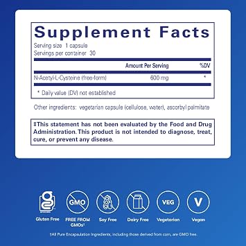 Pure Encapsulations NAC 600 mg - N-Acetyl Cysteine NAC Supplement for Lung Health & Immune Support, Liver Support & Antioxidants* - with Freeform N-Acetyl-L-Cysteine - 30 Capsules