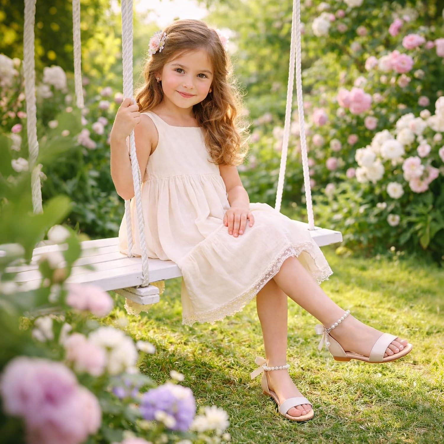 Toddler Girl Sandals - Flower Girl Dress Shoes Decorative Pearls Ankle Strap Open Toe Little Kid Wedding Party Summer Flats
