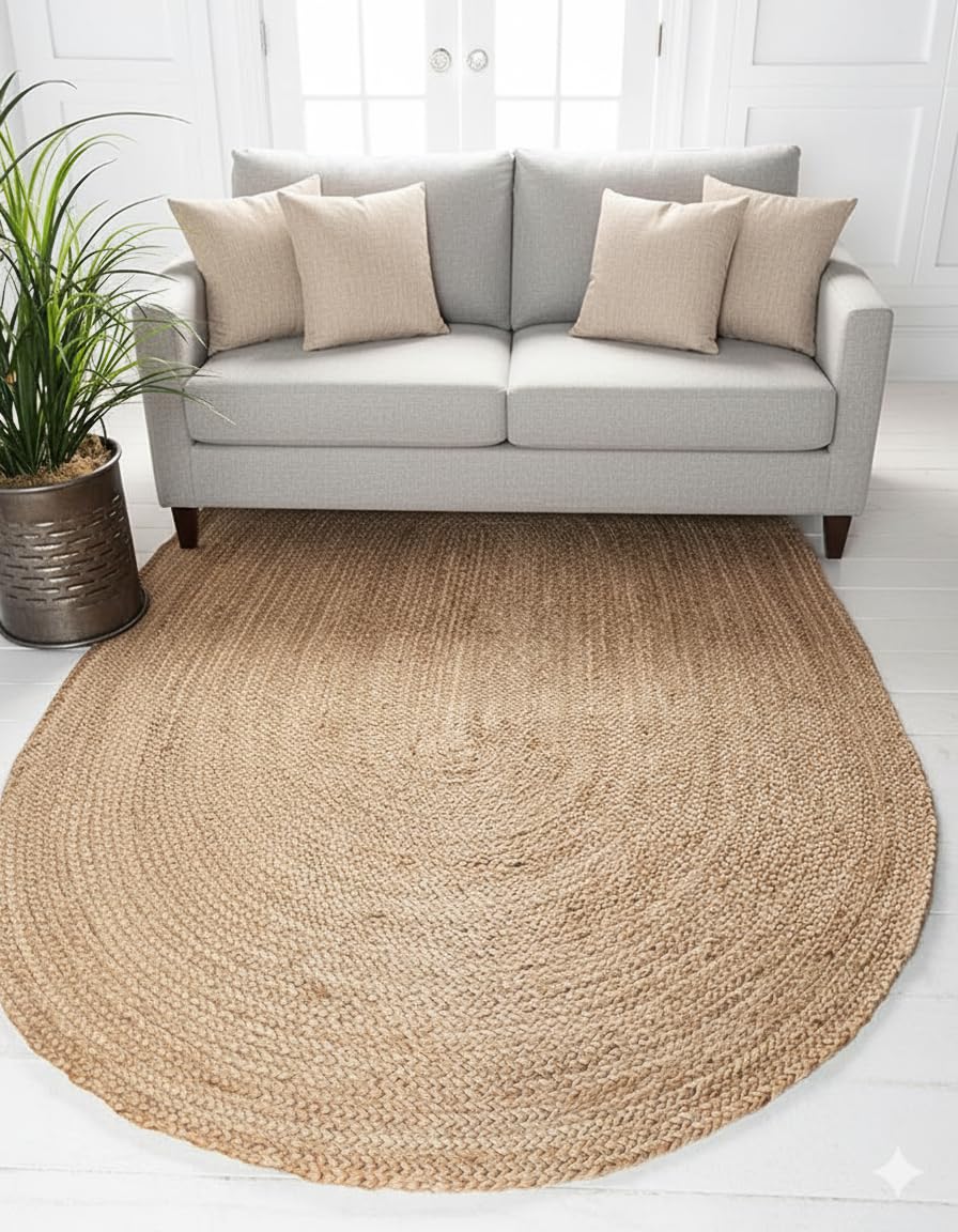 Craft Trade Natural Jute Area Rug Boho Braided Hand Woven Vintage Sisal Rug Reversible Home Decor Farmhouse Carpet Rag Rug for Kitchen Living Room and Bedroom - Oval 120x180 cm — image 1