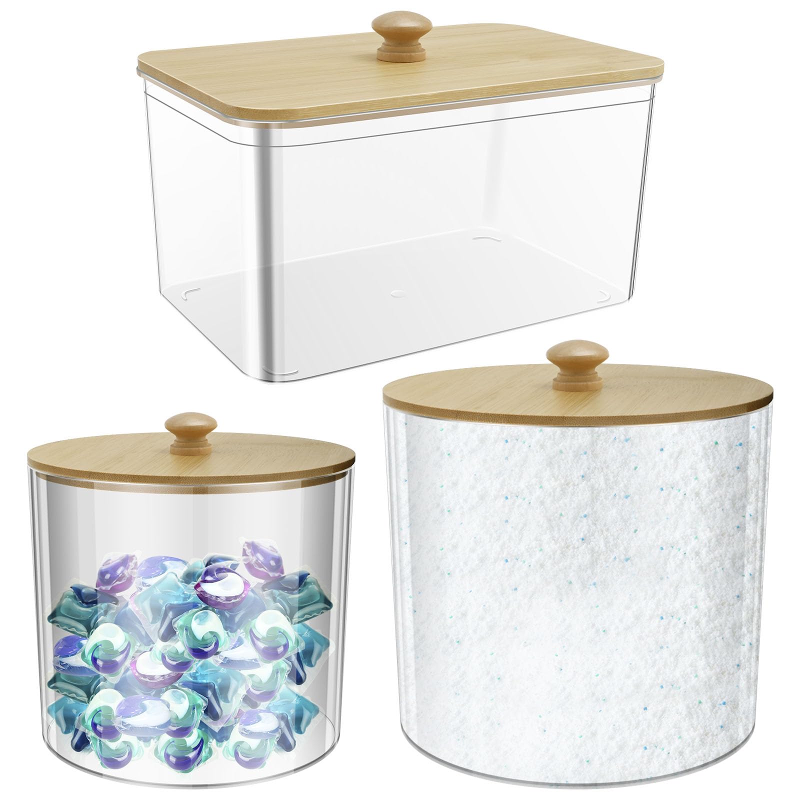 NZWBSHSSP Set of 3 Clear Acrylic Laundry Pods Storage Container with Bamboo Lid, Laundry Detergent Storage Washing Powder Washing Tablets Box Storage Container for Pods, Bath Bombs, Scent Boosters