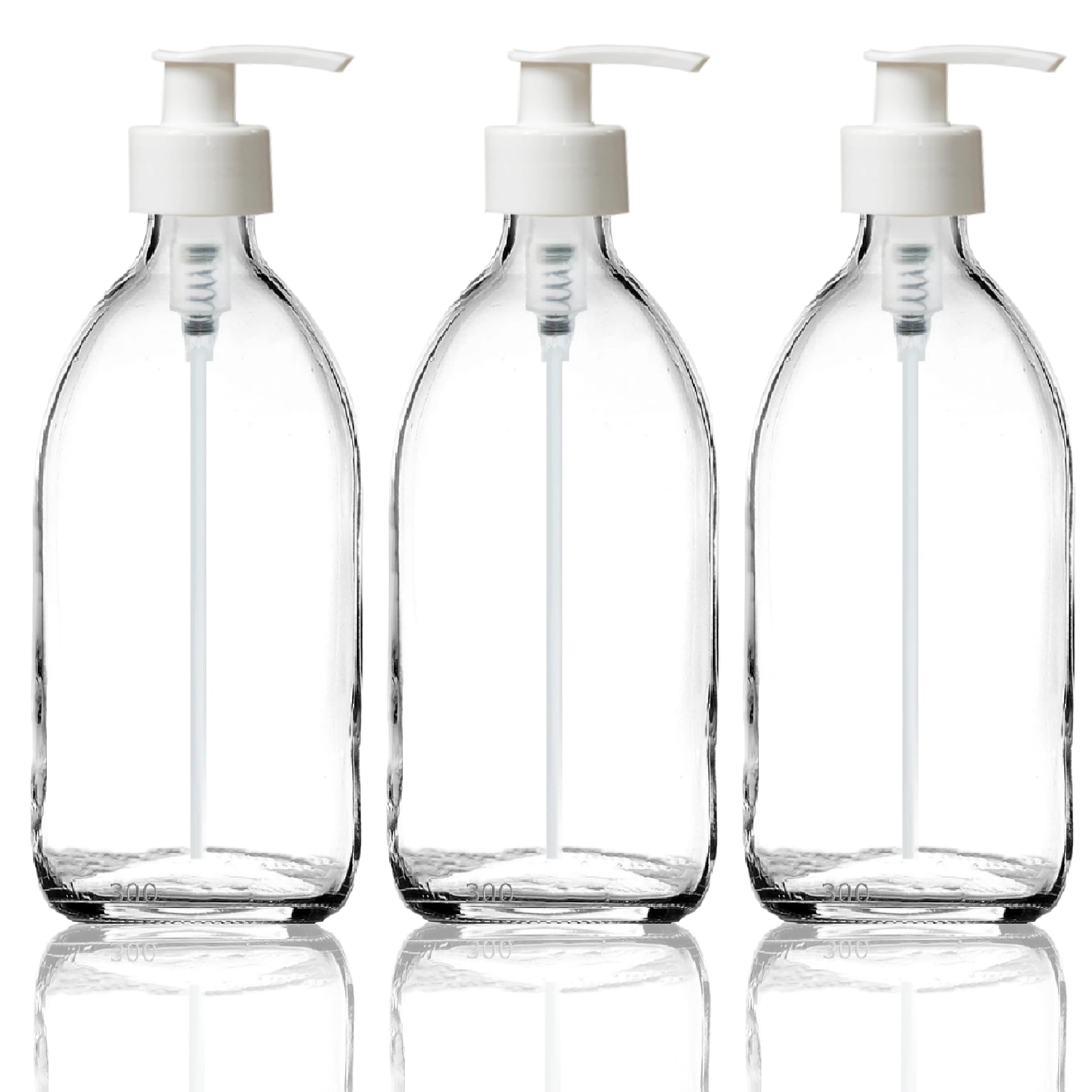 Fam Organic 300ml Clear Glass Bottle with Plastic Pump Soap Dispenser Refillable for Lotion, shampoo, conditioner, Body wash, Hand Wash. BPA Free - Eco Friendly (Clear 300ml - White Pump - Pack of 3)