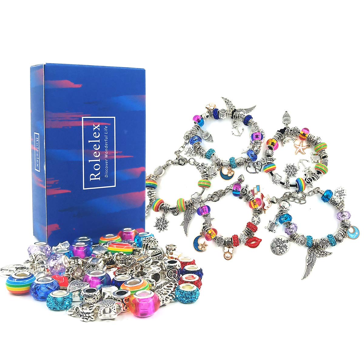 Roleelex DIY Jewelry Making Kit, 64 Pcs DIY Jewelry Making Beautiful Handicraft Bulk Supplies Silver Ornament Snake Chain Crystal Beads for Women Girls with Gift Box