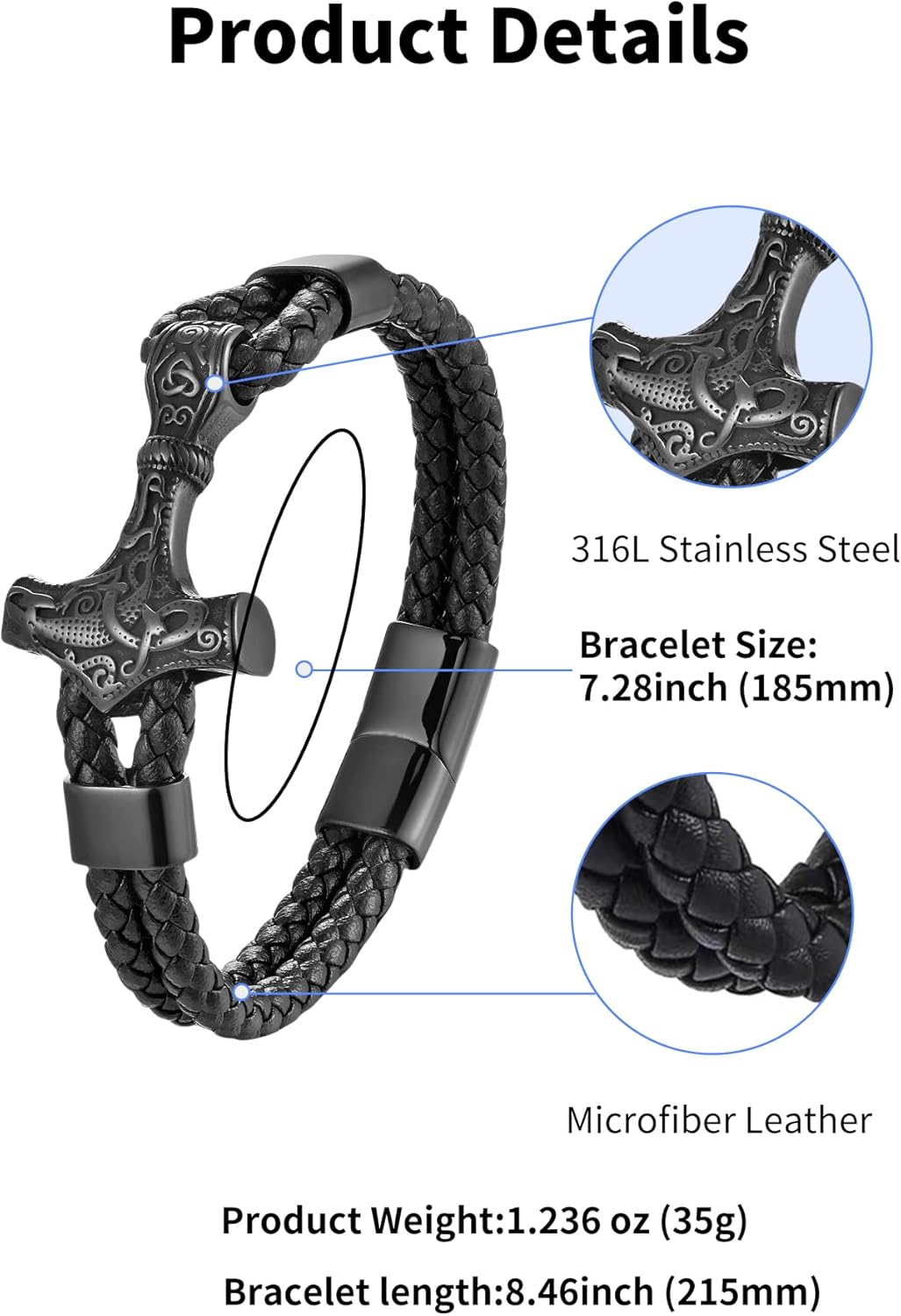 Viking Thors Hammer Mens Bracelet, 14K Black/White Gold Plated Braided Leather Cuff, 316L Stainless Steel Jewelry for Father Husband Son Friend