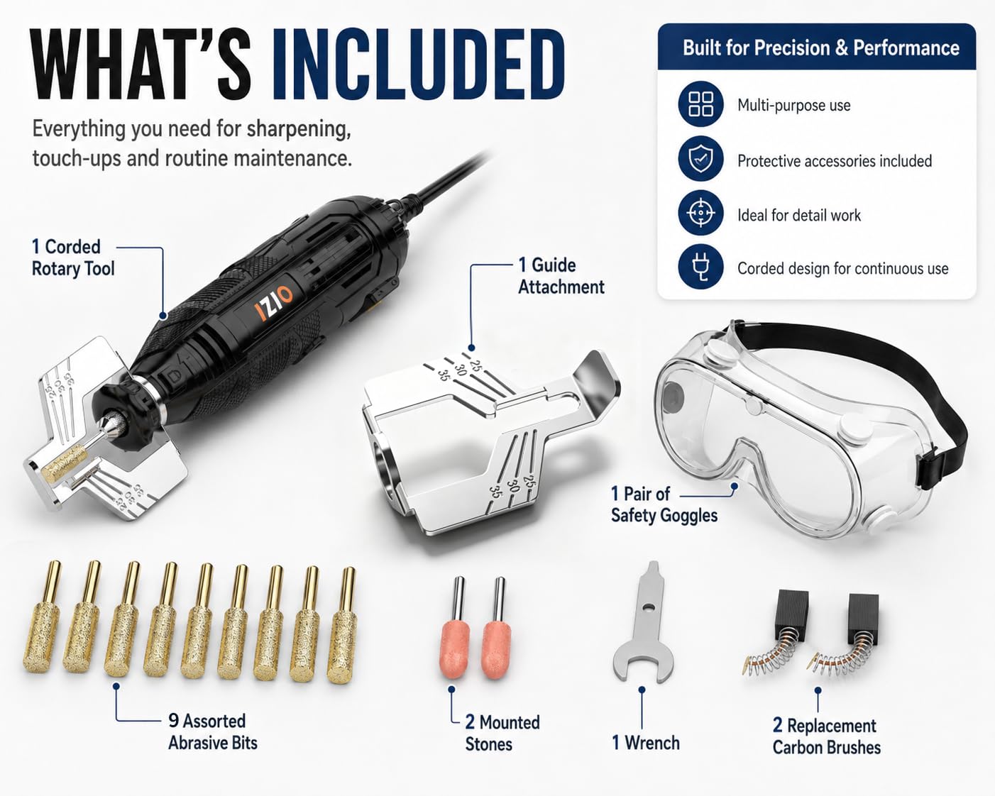 IZIO Kit de sacapuntas eléctrico de motosierra, herramienta afiladora de motosierra con piedras de molienda y gafas de seguridad, amoladora de cadena portátil para afilar dientes con precisión