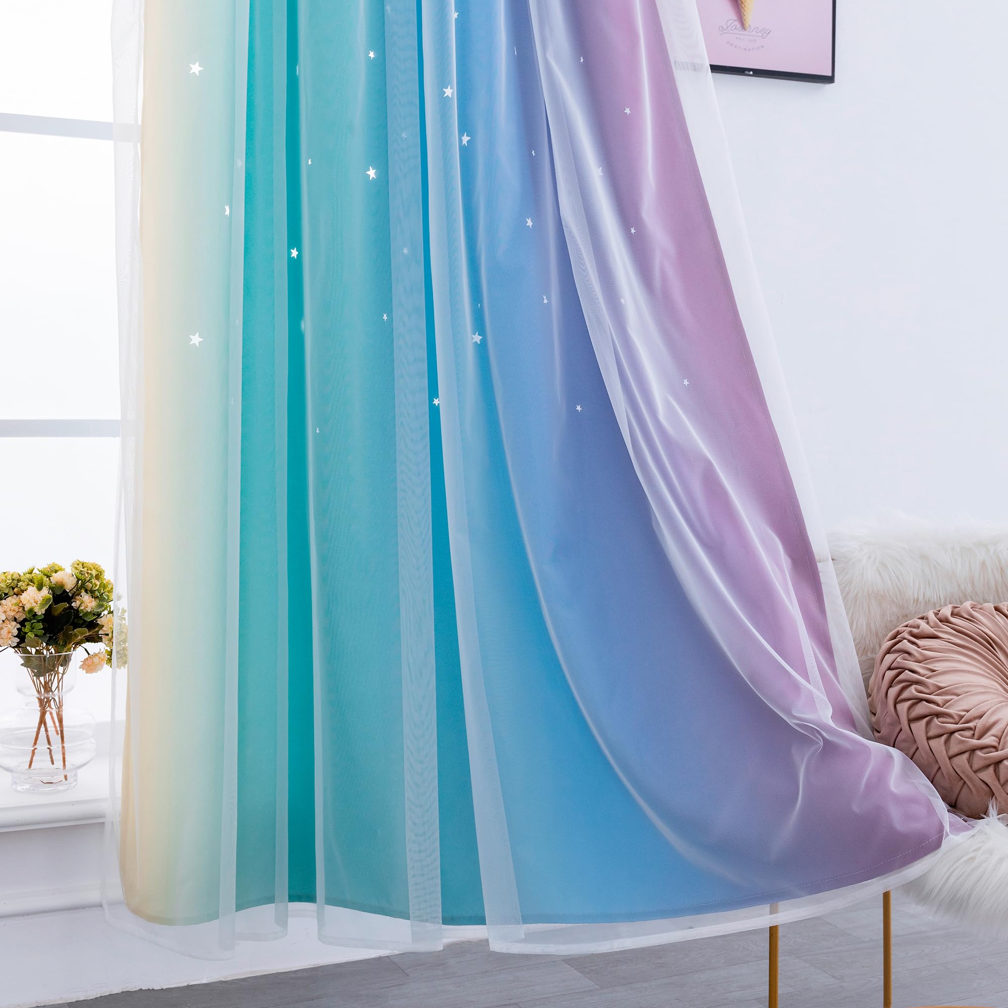 Tende Doppio Velo Oscuranti Morbide Fantasia Stelle Vuote Isolante per Camera Bambini 2 Pannelli 140x285cm Arcobaleno Freddo