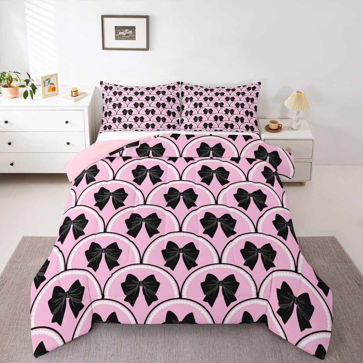 Juego de ropa de cama con lazo de acuarela para niñas y niños, tamaño individual, lindo lazo, edredón de coqueta, edredón rosa y negro, 2 piezas, ropa de cama transpirable, suave y ligera de