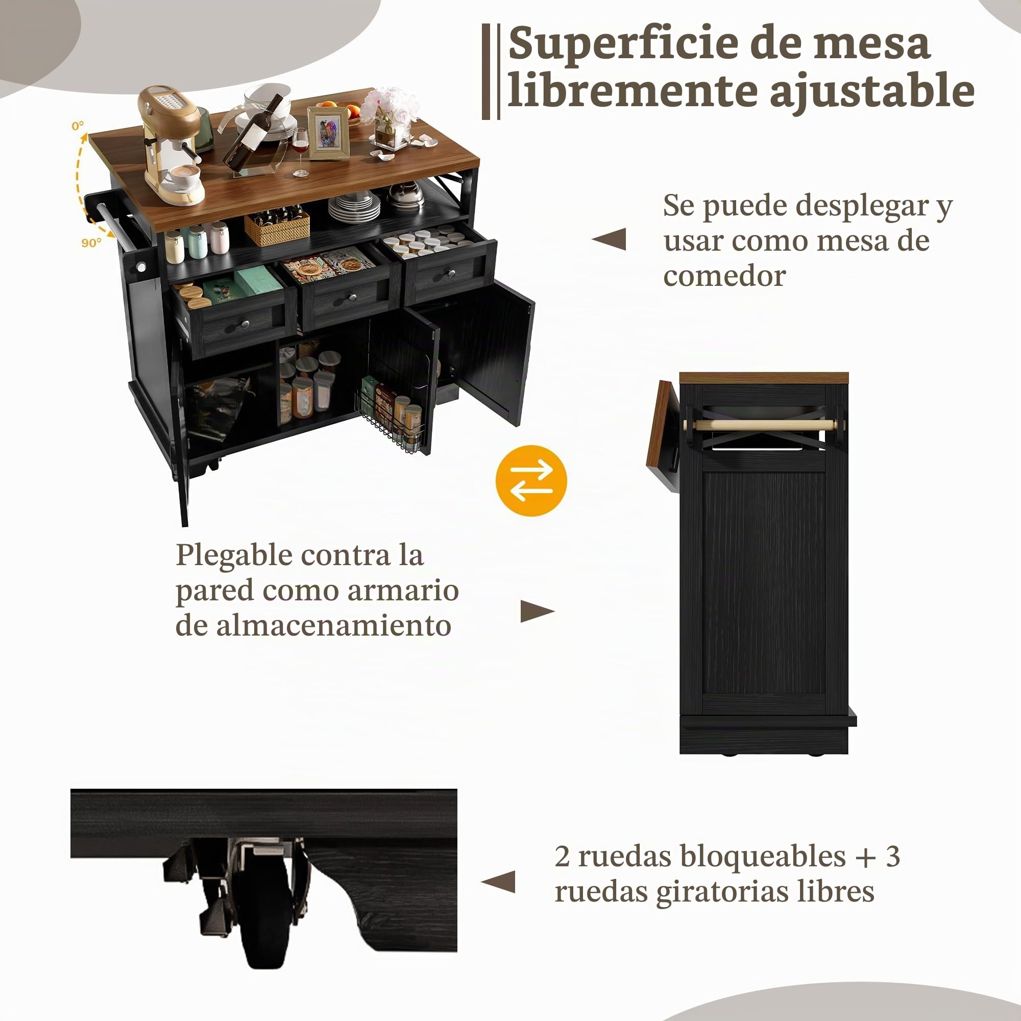 Isla Cocina con Ruedas y Tablero Plegable, Armario de Cocina con 3 Cajones y 3 Puertas, Mueble Auxiliar de Cocina con Toallero y Estante Ajustable, Kitchen Island, 118x43-70x98 cm, Negro