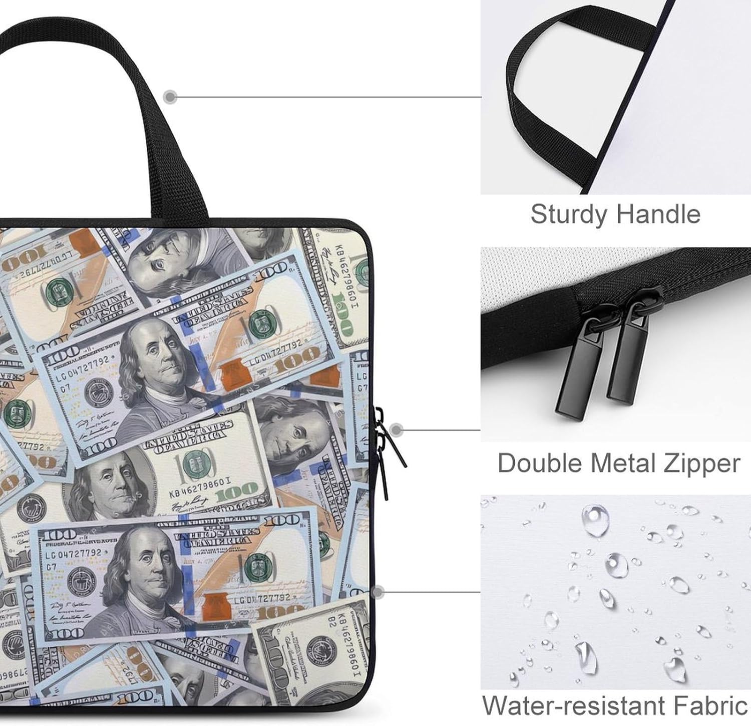 100 Dollar Bills Cute Laptop Bag Sleeve Case with Handle Notebook Briefcase Protective Cover for Men Women