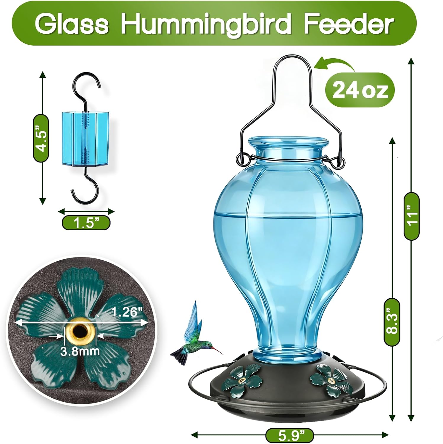 Glass Hummingbird Feeders for Outdoors Hanging, 24oz Wild Bird Nectar Feeder with Ant Moat and 360° Perch, Bee-Resistant Ports,Outside Garden Decor,Colorful Gifts for Women Mom, 1 Pack, Blue