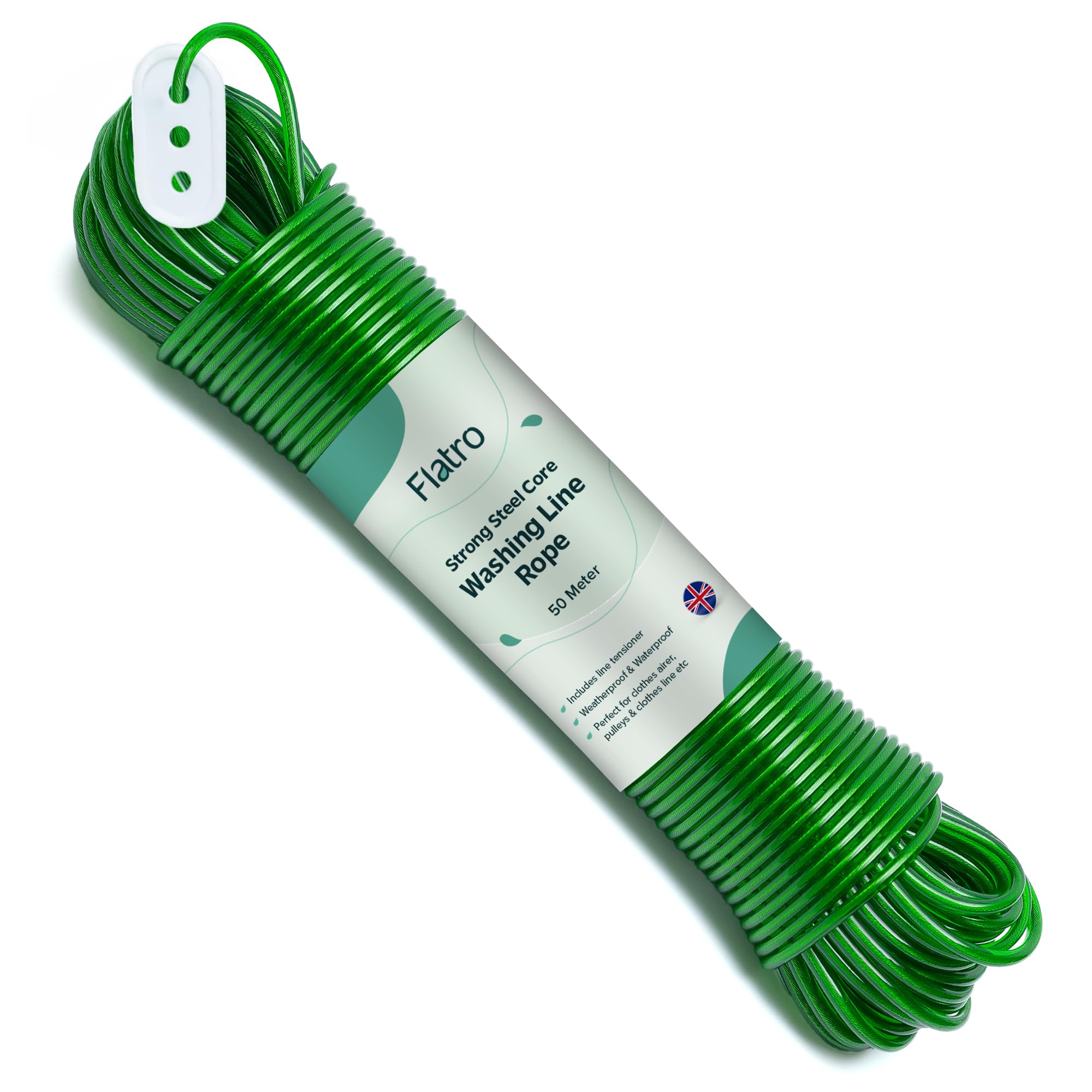 Flatro Green Washing Line Rope 50M/164Ft | Strong Thick Clothes Lines For Outside With 200Kg Pulling Force | Rust Resistant, Easy To Clean Steel Core Pvc Clothes Line Rope | Clothesline For Drying Garments Outdoor