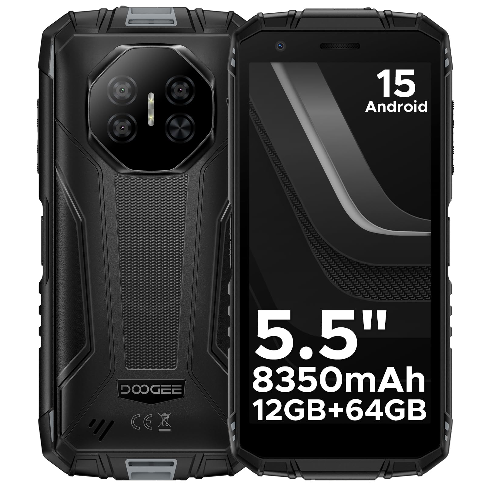 DOOGEE Fire 3 Rugged Smartphone Android 15, UNISOC SC9863A, 5.5" IPS HD+ Display, 8350mAh Telefono Indistruttibile, 12GB+64GB/2TB, 13MP+8MP Telefono Rugged, Widevine L1/Face Unlock/NFC- Grigio