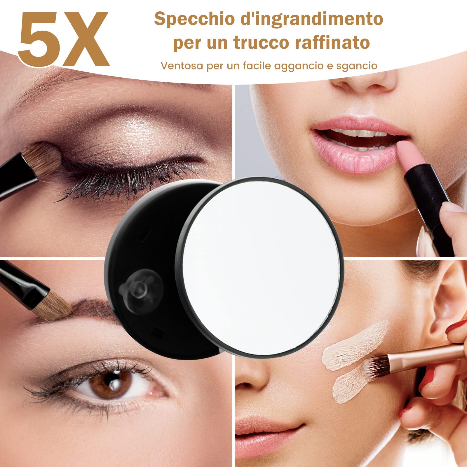 COSTWAY Specchio per Trucco, Specchio da Tavolo con luci LED a 3 Colori, Luminosità Regolabile e Controllo Intelligente a Sfioramento, Ruotabile a 360° con Ingrandimento 5X, 50x44 cm