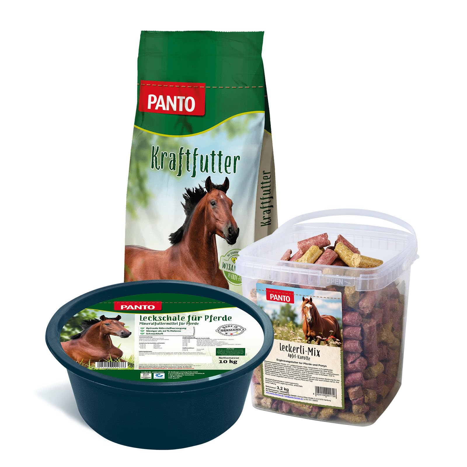 PANTO Rundum-Set Pferd – Formel A, Mineralleckschale & Leckerli | Komplettset aus Allroundpellet, Mineralleckschale mit Spurenelementen & Leckerli – Rundumversorgung für Pferde