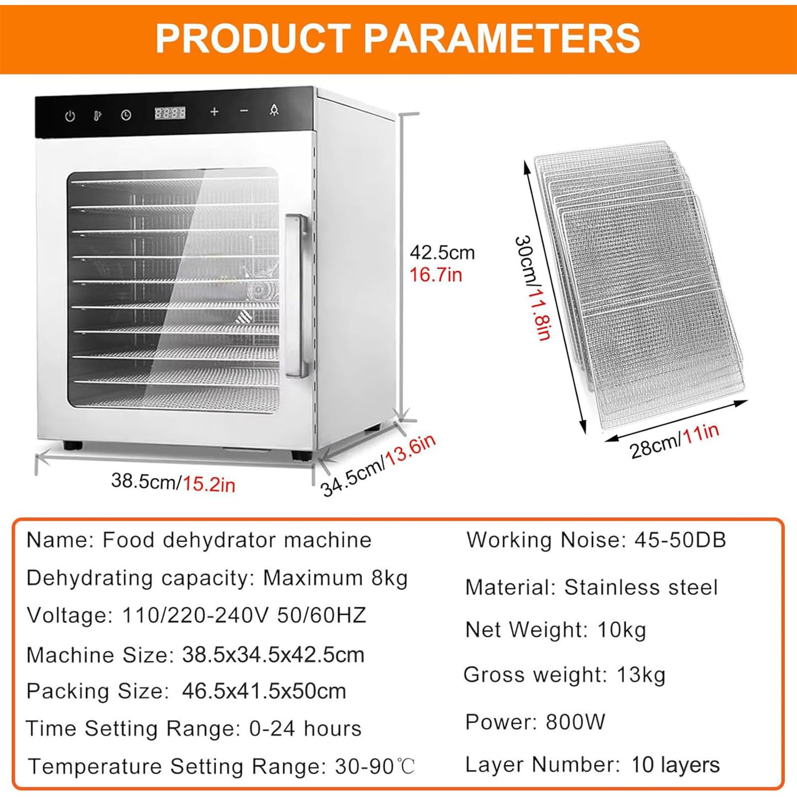 Deshidratador De Alimentos Acero Inoxidable 8/10 Bandejas, Deshidratadora De Frutas, Temperatura Ajustable 30-90℃, Temporizador 24h, Pantalla Led, para Carne, Fruta, Snacks Perros, Hierbas