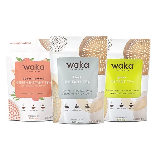 Waka Mezcla de té instantáneo, paquete de 3 bolsas, 100% hojas, sin aditivos, polvos sin azúcar, negro keniano, verde clásico, verde con sabor a