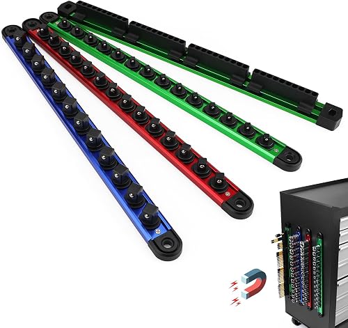 4-Piece Magnetic Socket Organizer Kit, 1/4'' 3/8'' 1/2'' Heavy Duty Socket Holder Holds 40 Clips, Aluminum Sockets Rail for Tool Box Drawer with 1/4'' Slidable Drill Bit Organizer Holds 40 Bits
