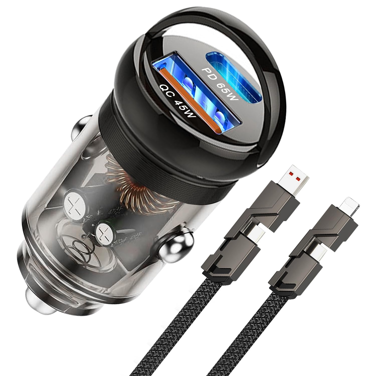 【PD65W&QC45W】車 充電器 シガーソケット USB-C 急速充電【USB-C&USB-A 4in1 充電ケーブル付き】車載充電器 2ポート ミニ・省スペース設計 カーチャージャー iPhone & Android & iPad & MacBook対応 12V 24V 車対応