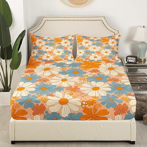 Miniatura 3 de Sábana bajera ajustable retro de los años 60 y 70, diseño de flores psicodélicas rústicas, para hombre y mujer, Halloween, floral, 1960, 1970,