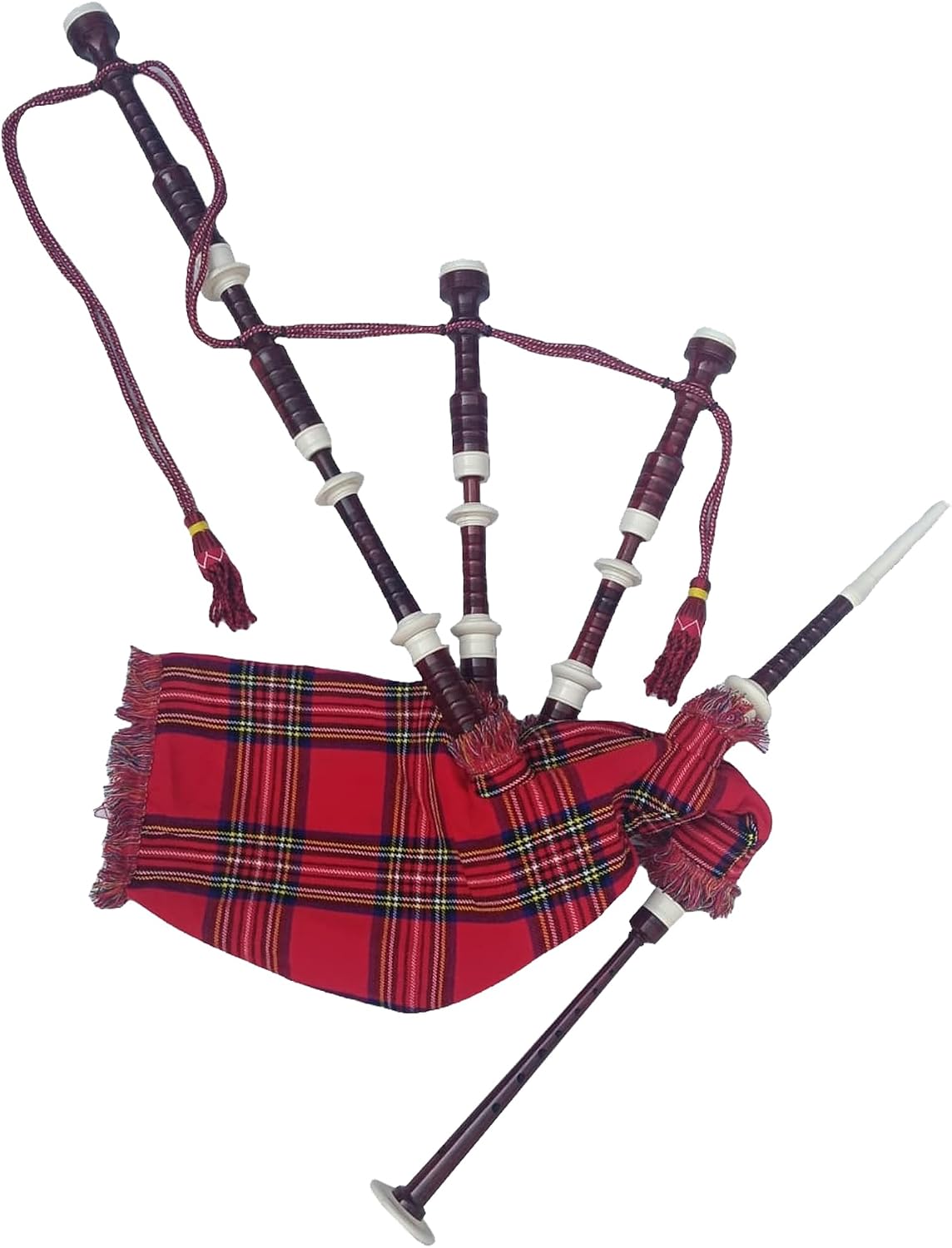 Scottish Bagpipe Rose Color with Royal Stewart Cover & Cord Natural Color Plain Mounts Free Tutor Book, Carrying Bag, Drone, Reeds