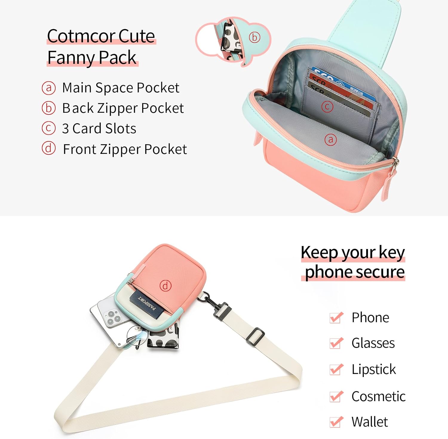 Easter Basket Stuffers for Teens Girls: Fanny Pack Birthday Gift for 8 9 10 11 12 Year Old Teen Girl Trendy Stuff, Preppy Colorblock Crossbody Bag Adjustable Sling Belt Bags Purse for Travel - Image 3