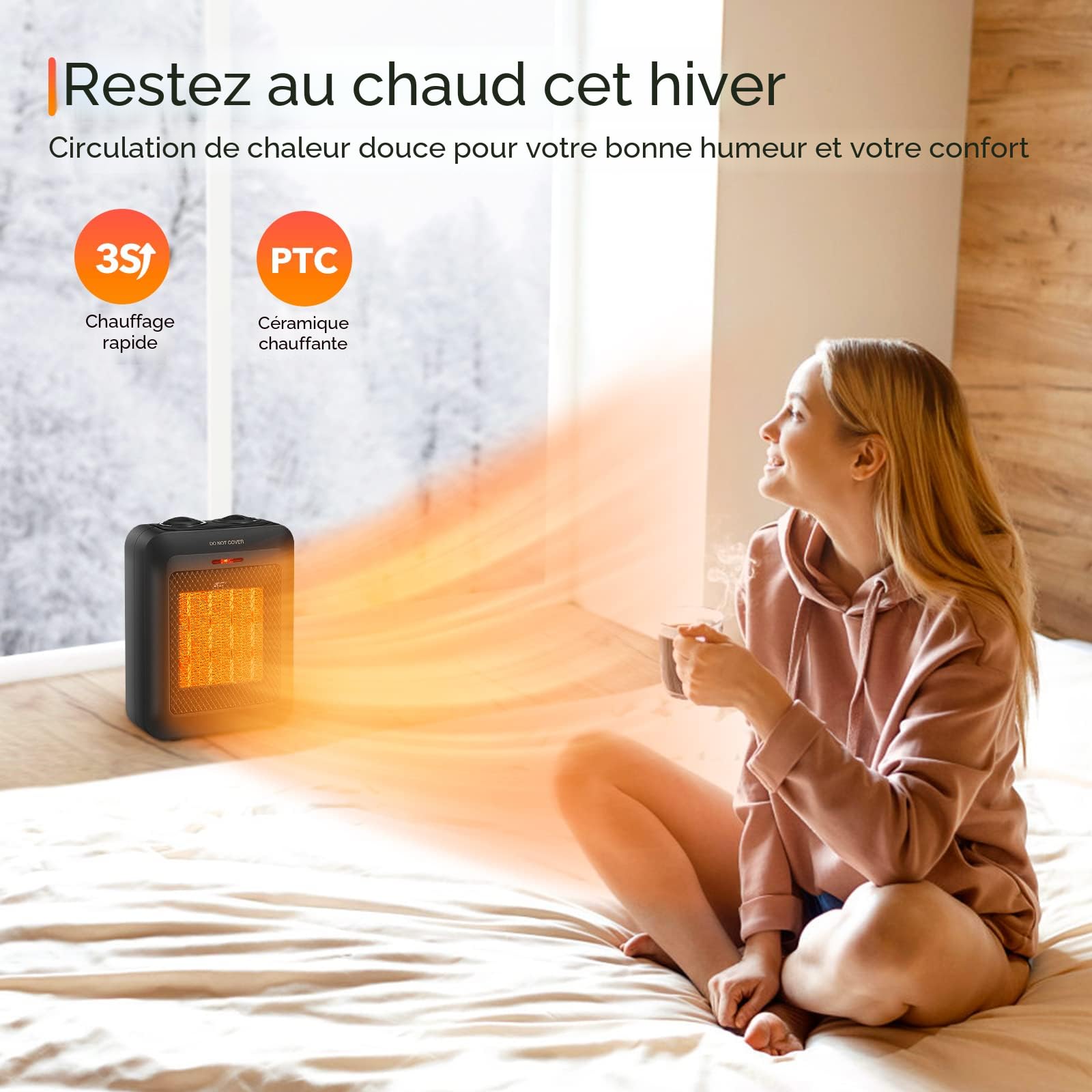 Chauffage d'appoint portable en céramique pour chambre/bureau/maison, 1500 W ave
