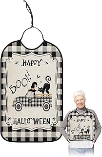 BOBOWUNY Halloween Adult Bibs for Elder Women Men Eating, Black and White Plaid Truck Cat Bat Rustic Waterproof & Washable Bibs for Eating Clothing Protector Dining Bibs for Crumb Catcher