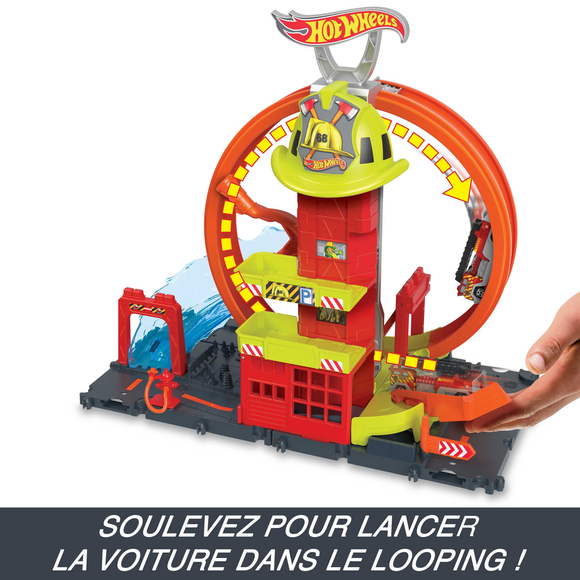 Hot Wheels City Coffret Looping Caserne de Pompiers avec 1 Voiture, Ascenseur Manuel, Rampe Jet d’Eau, éléments de Piste, Jouet Enfant, Dès 3 Ans, HKX41