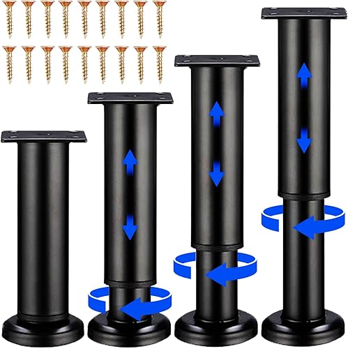 Juego de 4 patas ajustables de 4.72 a 7.48 pulgadas con 18 tornillos, patas de repuesto de altura ajustable resistentes para tocador, sofá, cama,