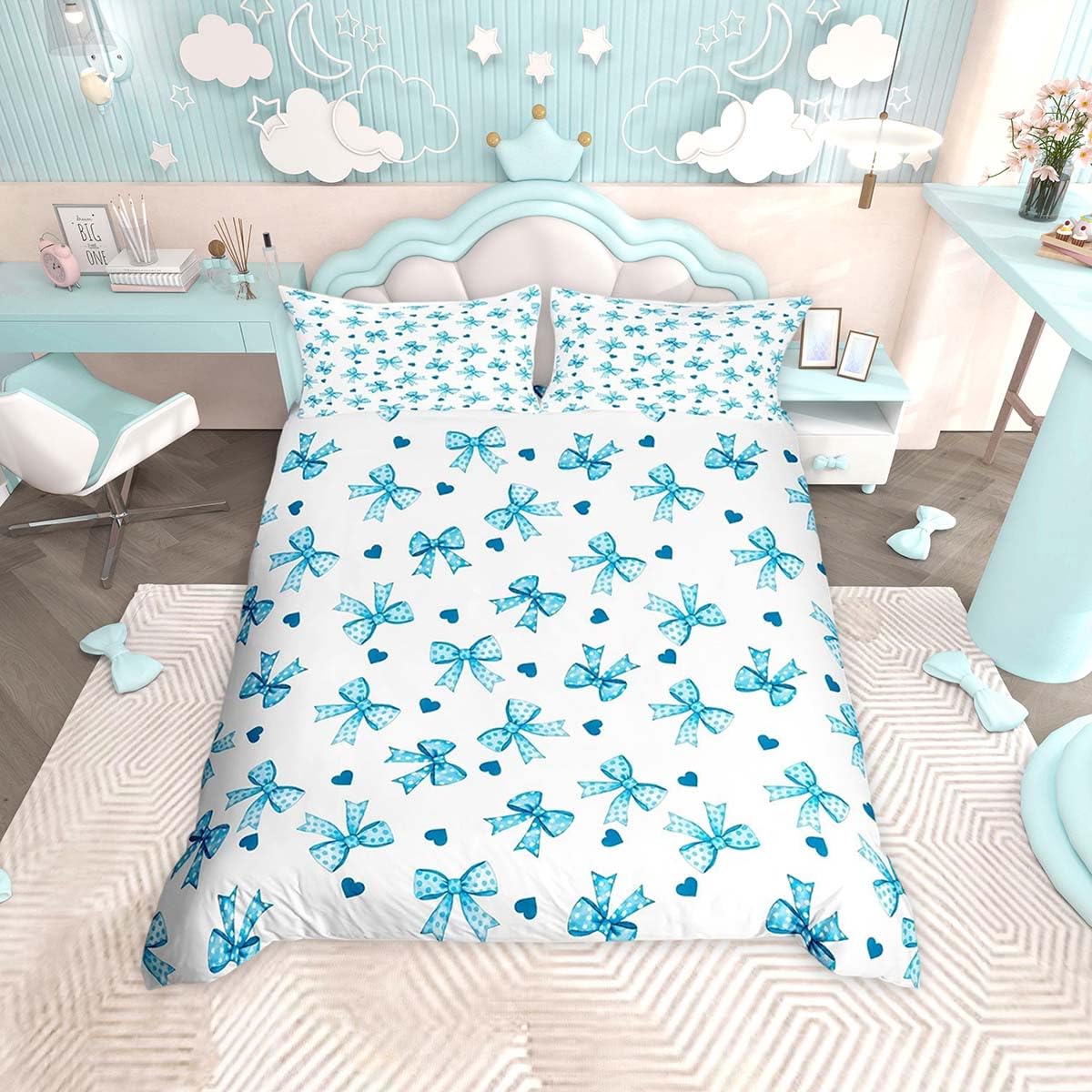Homemissing Grinding Light Blue Bow Duvet Cover Set King Size For Kids Girls Bownot White Bedding Set Princess Style Microfiber Heart Duvet Cover with 2 Pillowcases — image 1