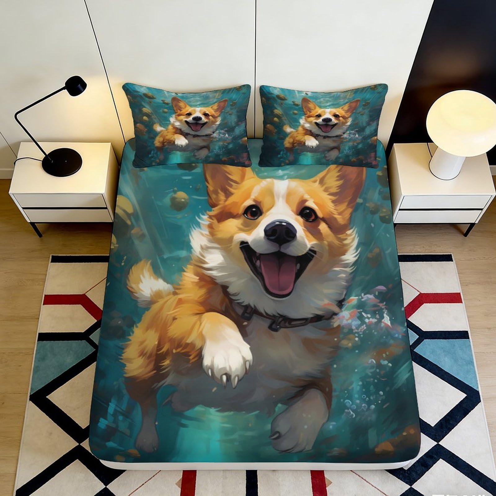 Pnayamiorkfel Style-1 3D Printed Corgi Dog Fitted Sheet Microfiber Cartoon Animal Mattress Cover Anti-Slip Machine Washable Decor For Bedroom 90X200x25cm